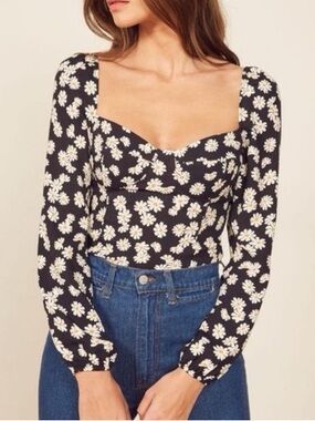 Reformation Black Daisy Long Sleeve Blouse